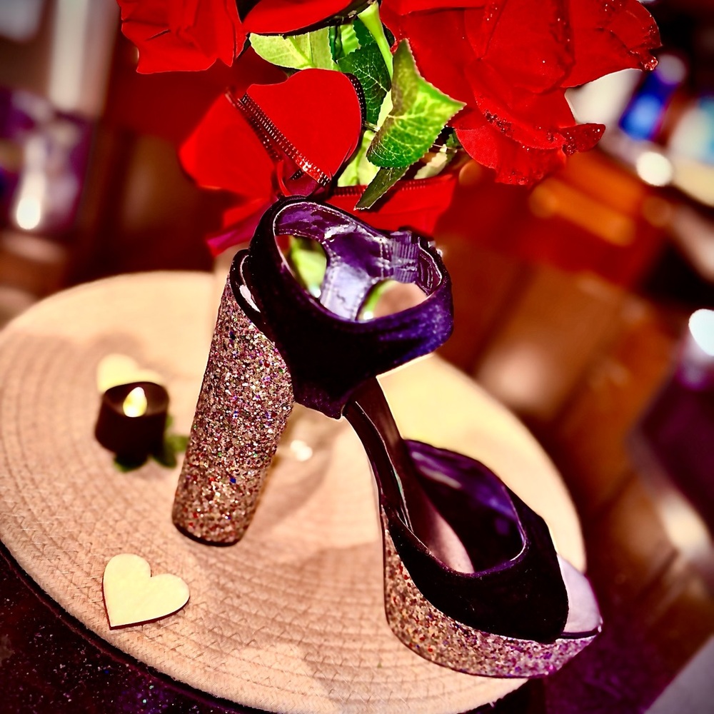 Elegant Black velvet and Glitter Heels